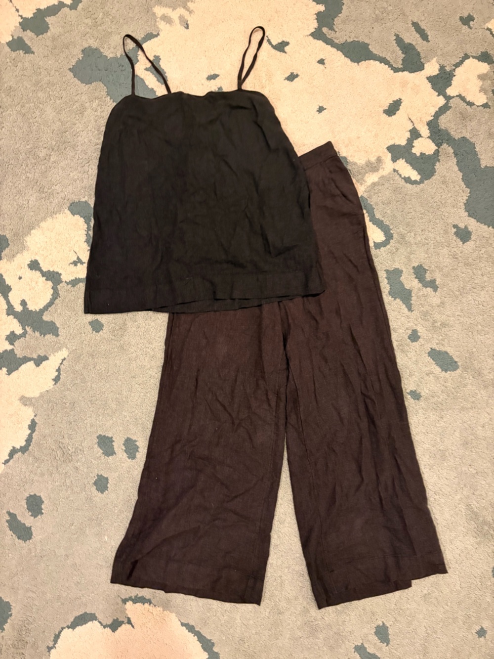 Women's Black Linen Cami and Wide-Leg Pants Set